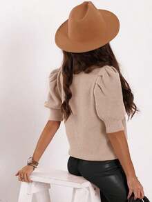 Womens Puff Sleeve Knit Tops Short Sleeve Casual Spring Summer Pullover Blouses - 米色 - 查看 4