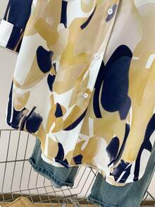 女士休闲长袖树叶印花衬衫，前襟纽扣开合，带口袋，卷边袖口，翻领设计，适合秋、冬、春季穿着。 - 黃色 - 查看 7