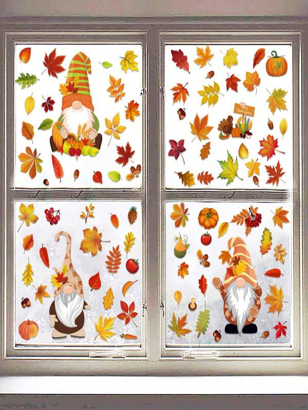 Autocollants de fenêtre en forme de feuilles d'érable nain d'automne pour la Thanksgiving, décorations de scène de fête de Thanksgiving pour les fenêtres en verre