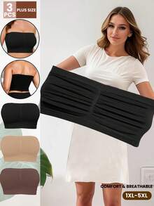 3pcs Plus Size Women Seamless Strapless Single Layer Tube Top Bra, Comfortable Soft Full Coverage Yoga Bra - Multicolor - View 1