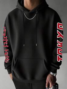 男士黑色连帽衫，带汽车图案和日语标语，东京街头风格，秋冬 - 黑色 - 查看 6