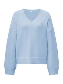 Suéter de invierno para mujer Live To Mo, sudadera con capucha de punto casual con cuello en V, top rosa, adecuado para salir, citas y desplazamientos diarios - Azul claro - Ver 3