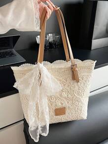 Lace Niche Design Fresh Literary Tote Bag With Bow, Fashionable And Simple Casual Handbag, Large Capacity And Highly Attractively Women's Shoulder Bag, Elegant Women's Underarm Bag, Suitable For Vacation Beach Commuting Daily Matching Photo Giving - Beige - View 7