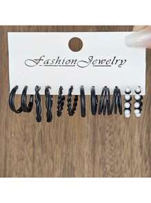 12 件套黑色耳环套装，含仿珍珠耳环，跨境新款 - 黑色 - 查看 2