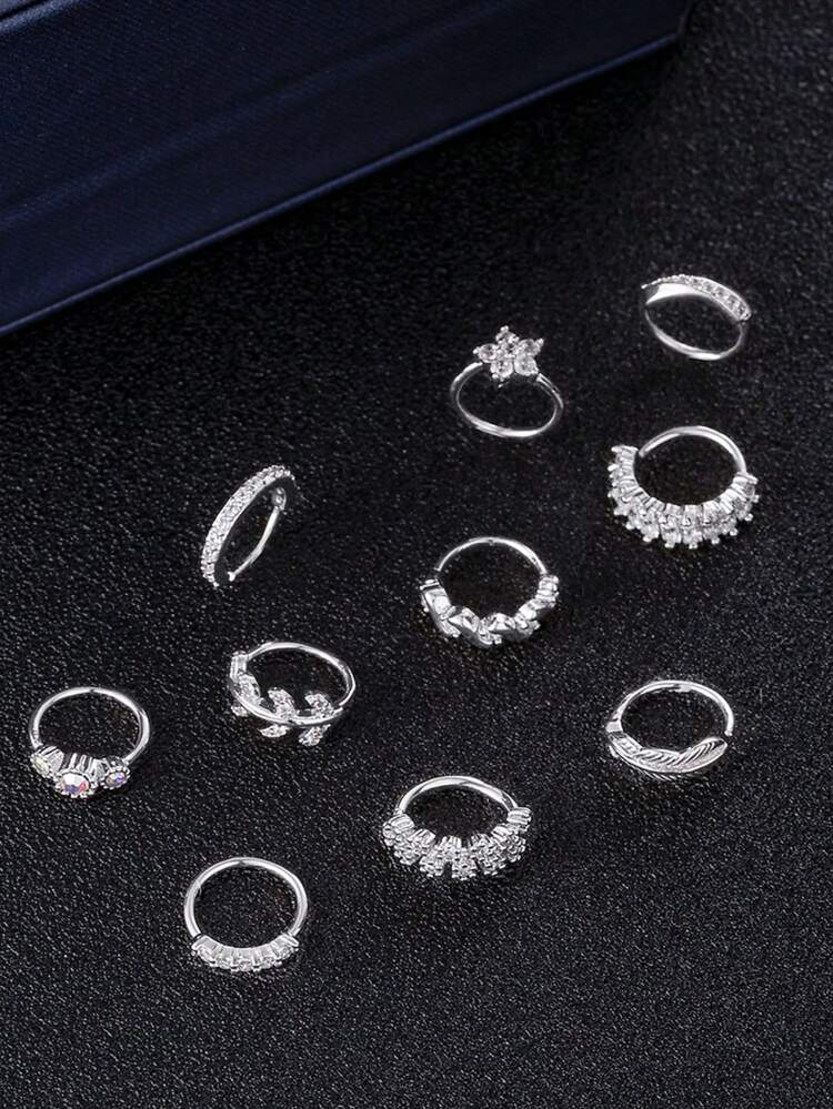 10个闪亮不锈钢镀金/镀银AAA+ CZ鼻环，花朵/羽毛/星星造型，女士款 - 适合日常佩戴、派对和身体饰品 - 銀色 - 查看 3