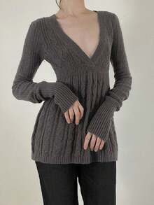 Women's Fall Sweater Long Sleeve V Neck Cable Knit Ruffle Babydoll Sweater Tops - Grey - View 3