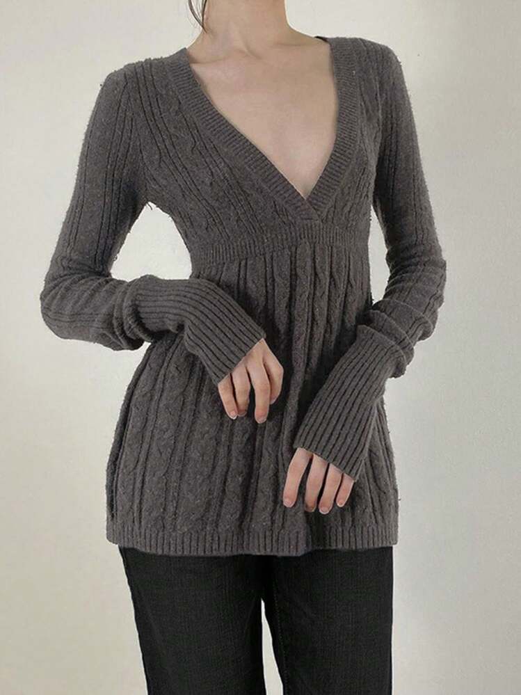 Women's Fall Sweater Long Sleeve V Neck Cable Knit Ruffle Babydoll Sweater Tops - 灰色 - 查看 3