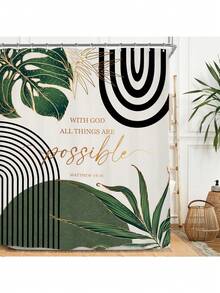 Abstract Shower Curtain, Neutral Leaves Geometric Minimalist Aesthetic Plant Mid Century Modern Waterproof Bathroom Curtain With Hooks - 翠綠色鼠尾草綠 - 查看 2