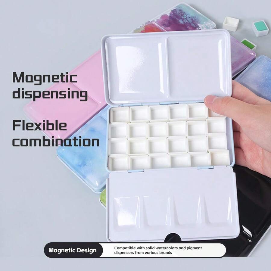 Caja de pintura de acuarela plegable de metal clásica portátil con 24 medias pastillas magnéticas