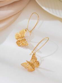 1 Pair Fashionable Hollow Double-Layer Butterfly Pendant Earrings For Women - Yellow Gold - View 4
