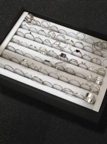 69/64/60/20 件时尚优雅复古设计花朵、叶子、心形、蝴蝶、水晶、人造珍珠、几何、波浪、无限符号、蛇、圆形镂空简约素色戒指套装，适合节日、派对、礼物、日常佩戴（无盒） - 銀色 - 查看 14