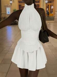 女士性感露背系带鱼骨连衣裙，浪漫褶皱短裙设计，毕业礼服，春夏度假风，波西米亚风，音乐节，返校季，婚礼季 - 白色 - 查看 5