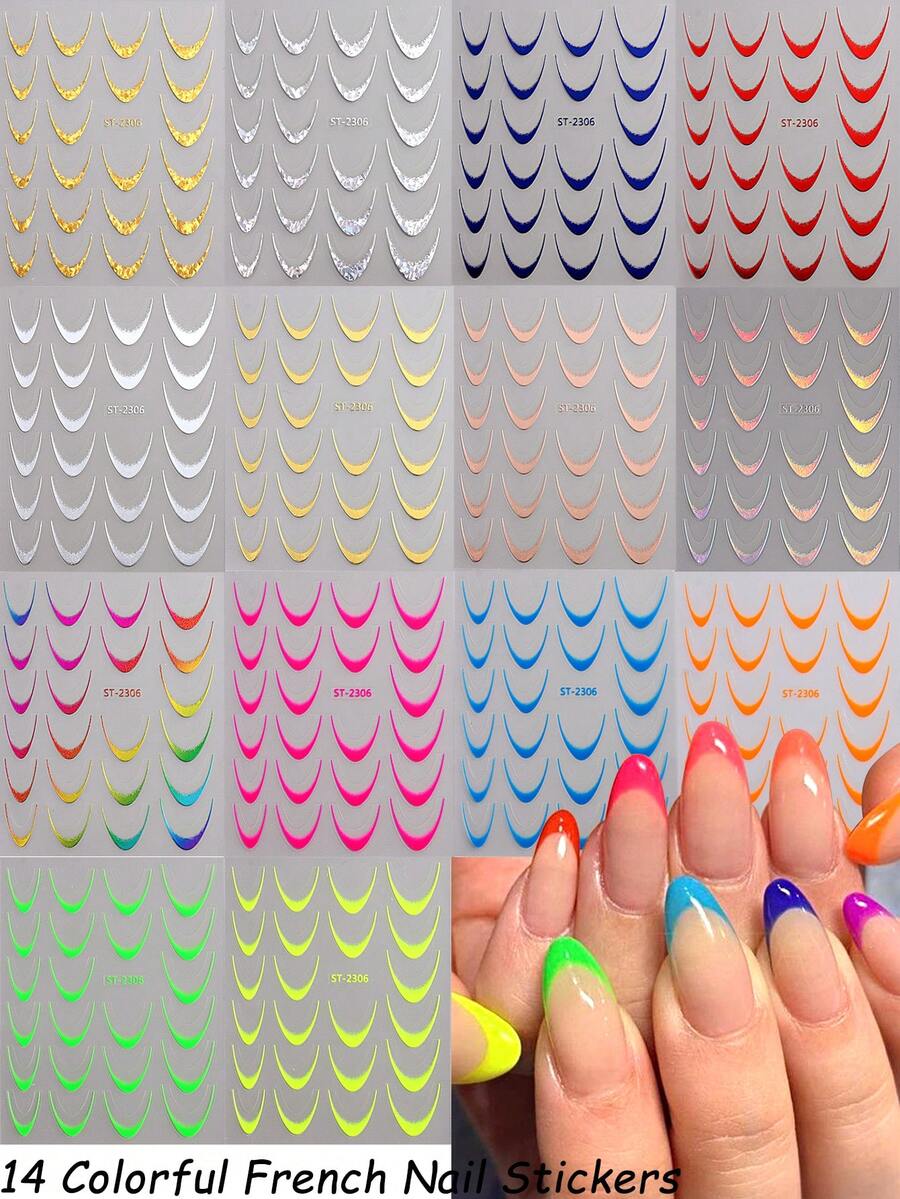14 Color French Nail Stickers Cute Colorful French Nails Gold And Silver Metal Y2K French Charm Nail Art Decoration Nail Stickers Self-Adhesive Nail Stickers DIY Nail Art Supplies (2pcs/3pcs/6pcs/14pcs) - Multicolor - View 1