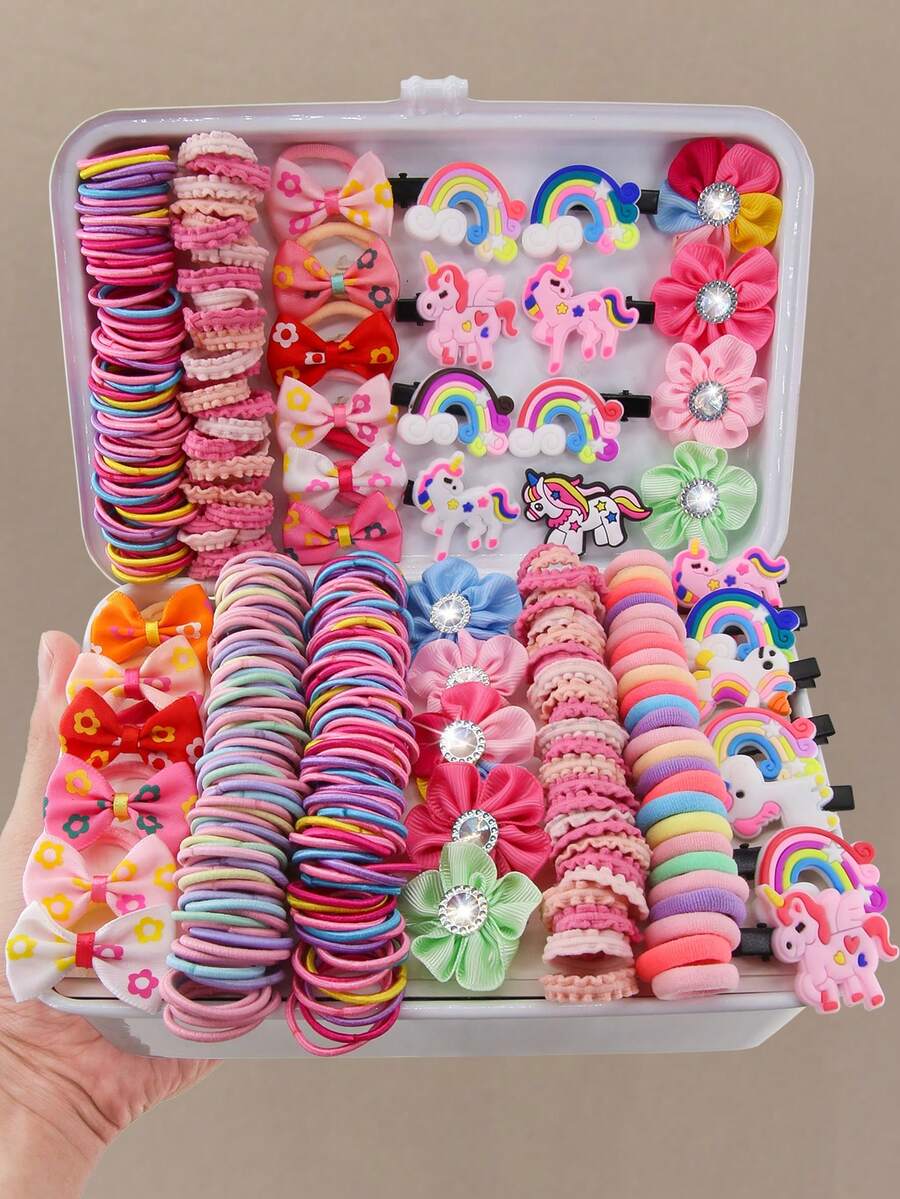 181件套女孩水钻花朵发夹、弹力发圈、发绳、蝴蝶结发带、时尚发饰，适合日常使用，礼品 - 彩色 - 查看 1