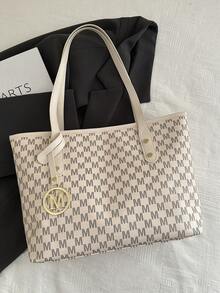 Large Capacity Letter Print Tote Bag, Plaid Shoulder Bag For Women, Commute Style - White - View 6