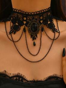 1 套女士复古暗黑哥特风格黑色宝石项链、手链、耳环首饰套装 - 彩色 - 查看 2