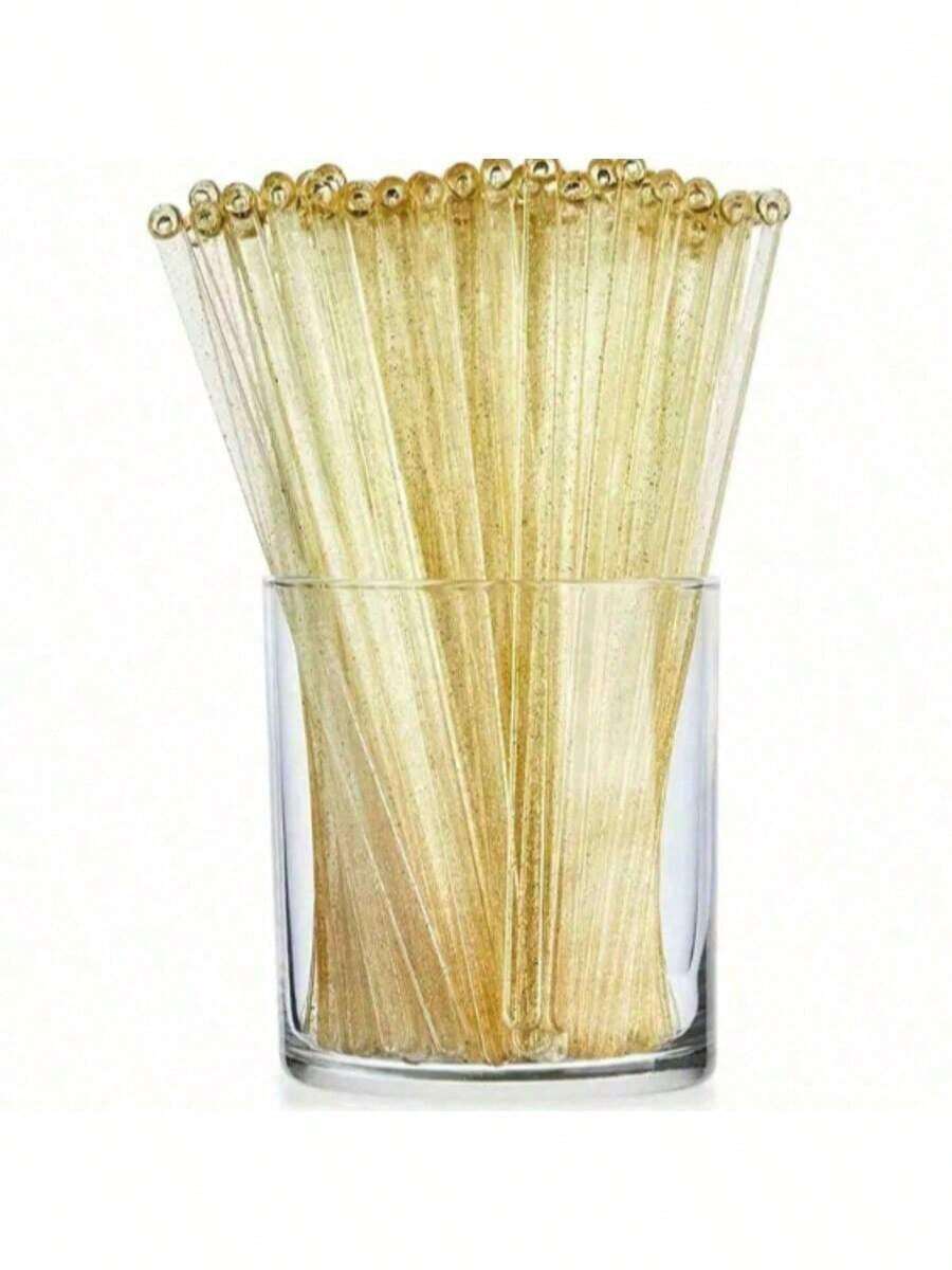 200/100/50/20/10pcs Elegant Sparkling Gold Cocktail Stirrers, Transparent Crystal Drink Mixer Perfect For Blending, Decorating Desserts And Coffee For Christmas, Wedding, Birthday And Other Events, 18.4cm Plastic Stirrers, Valentine's Day Gift, Party, Birthday