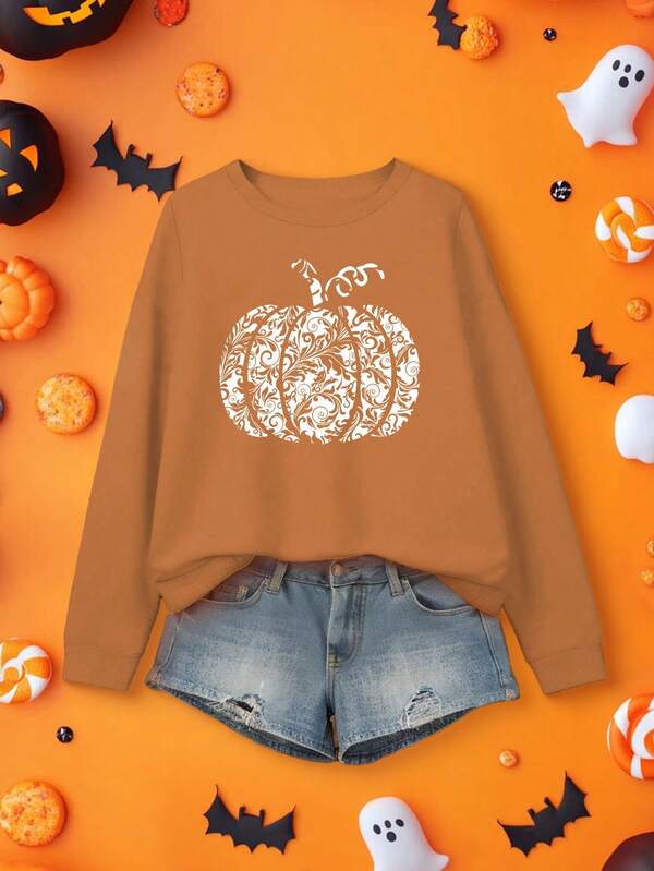 1 peça de moletom feminino minimalista com estampa de abóbora e lanterna, casual, solto, gola redonda, manga comprida, para uso diário, feriados, outono/inverno, Halloween