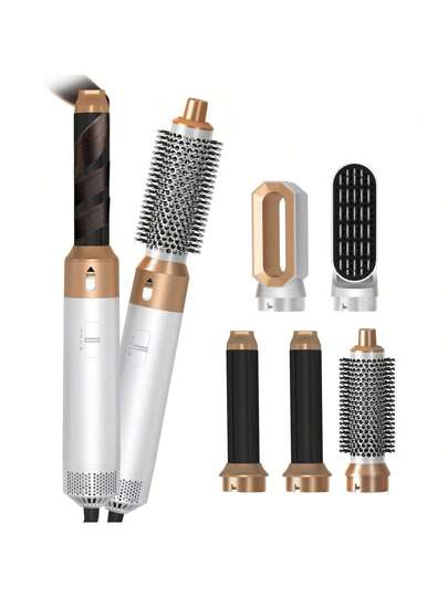 五合一热风梳 – 轻松打造波浪/卷发/直发造型，配备隔热技术！专业紧凑型哑光铂金设计，居家/旅行两相宜。多功能附件 + 优雅送礼之选。夏季旅行的完美之选（白色）