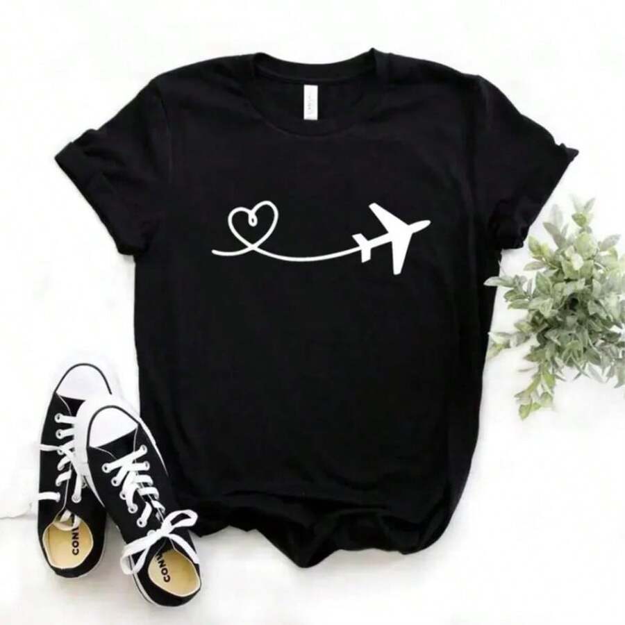 Airplane Traveler Wanderlust Print Women Tshirt Casual Funny T Shirt Gift Lady Yong Girl Top Tee - màu đen - Xem 1