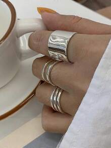 13pcs/3pcs Fashion Minimalist Elegant Vintage Asymmetrical Geometric Liquid Design Chunky Statement Rings Set, Suitable For Holiday, Party, Date, Gift, Daily Wear - 銀色 - 查看 11