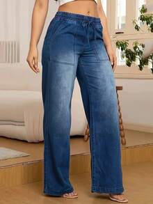 Women's Elastic Waist Loose Fashion Casual Denim Straight Jeans With Medium Stretch, Mid-Rise Design, With Pockets, Dark Blue, Featuring Drawstring Waist, Suitable For All-Season Wear, All-Season Jeans - 深藍色 - 查看 5