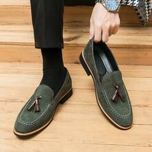 Men's English Frosted Leather Oxford Shoes, Dress Loafers, Business Casual Pointed Toe Fringed Loafers - 綠色 - 查看 7