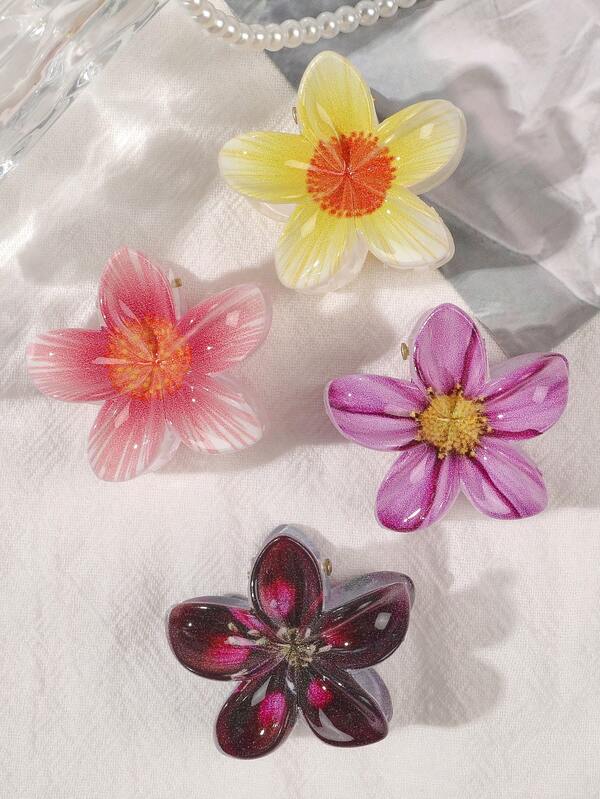 4 件 ABS 材质迷你甜美波西米亚花卉印花发夹，适合春夏季、海滩、派对发饰时尚发夹秋季配饰秋季发夹花夹冬季度假装女士