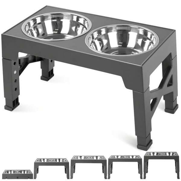 Elevated Dog Bowls With 2 Stainless Steel Dog Food Bowls, Raised Dog Bowl Adjusts To 5 Heights (3.15", 8.66", 9.84",11.02", 12.2") For Small Medium And Large Dogs