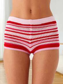 Women's Y2K Striped Crochet Knit Shorts Rainbow Color Block Elastic Waisted Comfy Lounge Mini Shorts - 紅色 - 查看 4