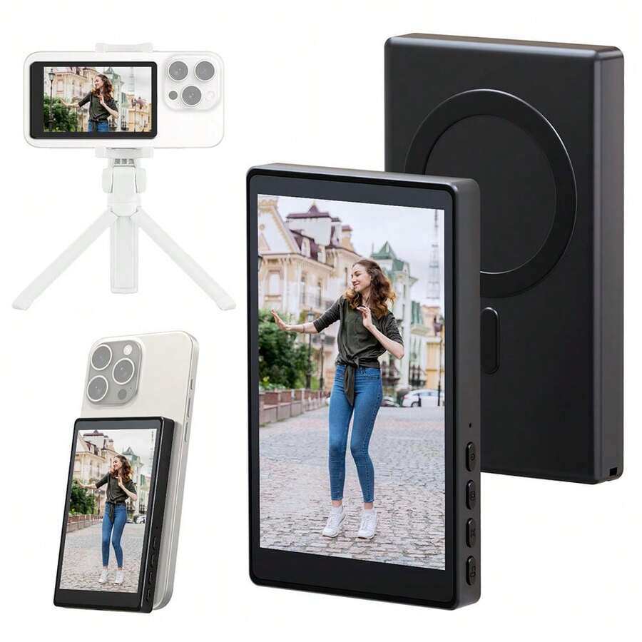 Vlog Selfie Monitor Screen, Magnetic Mobile Vlog Selfie Monitor Screen 4K 30fps Bluetooth Remote Control, Rear Camera Monitor For Vlog Live Streaming - Black - View 1
