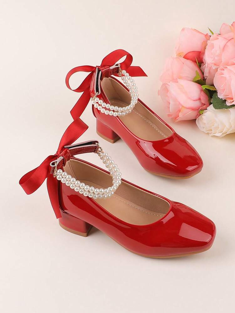 礼服鞋、表演鞋、芭蕾玛丽珍公主鞋、小皮鞋、适合婚礼、派对、聚会、度假、花童、女孩、儿童、幼儿、时尚红色、酒红色、蝴蝶结、珍珠、四季皆宜、优雅、高跟、粗跟平底鞋 - 酒紅色 - 查看 4