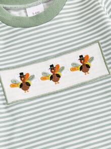 Baby Boy Thanksgiving Stripe Romper Casual Turkey Embroidery Long Sleeve Jumpsuit For Infant Toddler Cute Outfit - Green - View 4