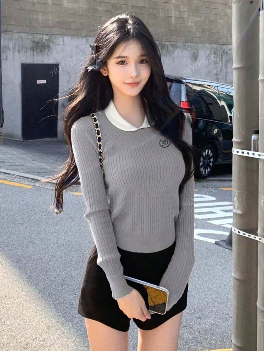 Women Sexy Peter Pan Collar Contrast Color Knit Sweater, New Fall/Winter Basic Pullover Sweaters With Embroidery