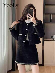 YooLy Autumn-Coloured Contrasting Elegant Front Breast-Trimmed Pan-Brimmed Pocket Tops And Skirts Set Of Two