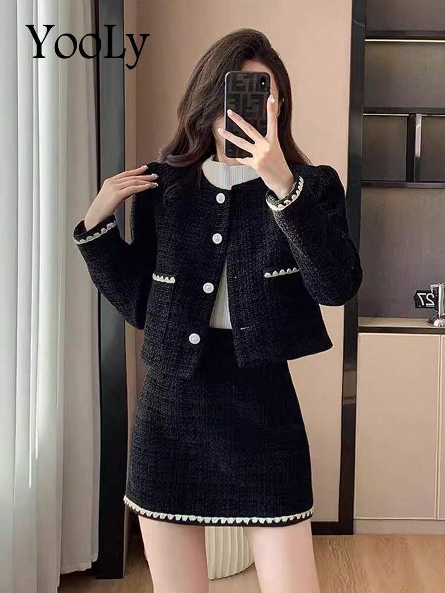 YooLy Autumn-Coloured Contrasting Elegant Front Breast-Trimmed Pan-Brimmed Pocket Tops And Skirts Set Of Two