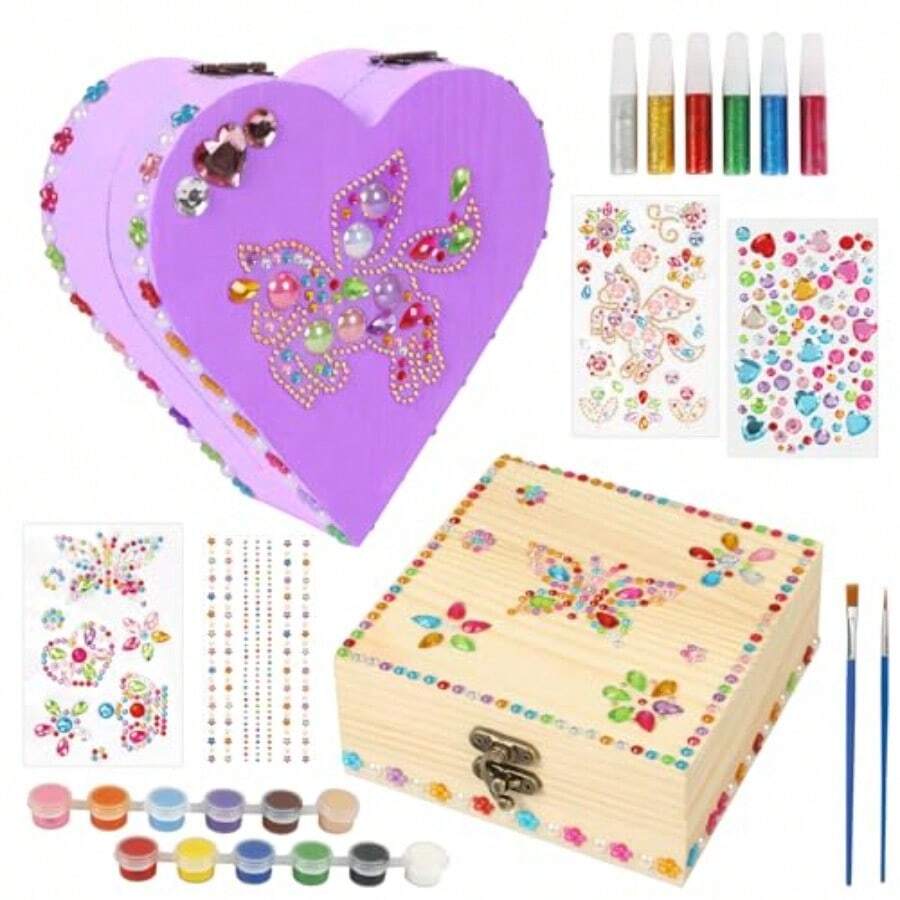 Jewelry DIY Making Kit2 Pack Wooden Box Craft Kit For Paint You Own Wooden Jewelry Box DIY Coloring Wooden Treasure Box Arts And Crafts Kit For Girls Art Activity Birthday Gifts - [多樣的] - 查看 1