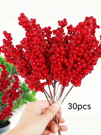 30 件/15 件-人造红色浆果摘山楂、红色浆果树枝人造泡沫冬青浆果花果树装饰节日 DIY 工艺品圣诞节饰品婚礼家居装饰节日装饰丝绸插花、花束雄蕊植物 DIY 花环派对家居装饰、情人节、礼物生日毕业