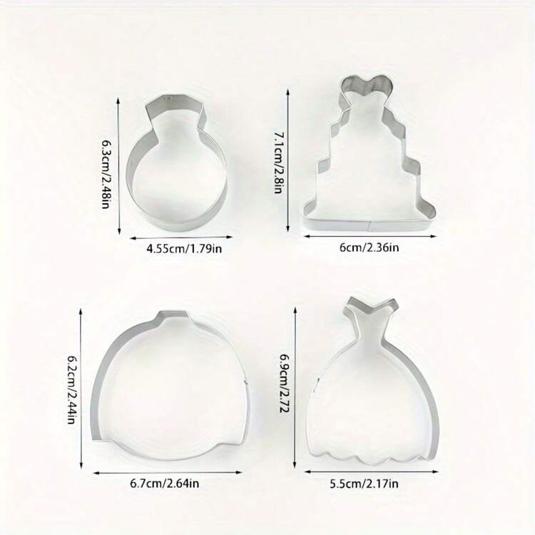 4pcs Stainless Steel Cookie Moulds, Including Diamond Ring, Suit, Wedding Dress, And Cake Shapes, With Stainless Steel Cookie Cutter, For Diy Wedding Cookies, Icing Cookies, Cake Cutting And Cookie Moulding - Silver - View 2