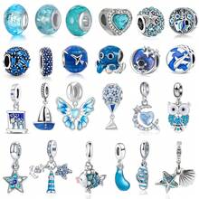 1pc Elegant Blue Series Beaded Heart Pendant, Featuring Underwater World, Outer Space, Floral & Animal, Starfish & Shell Patterns, Suitable For Bracelet Or Necklace Decoration, DIY Jewelry Making, Birthday Or Women's Gift - Blue - View 1