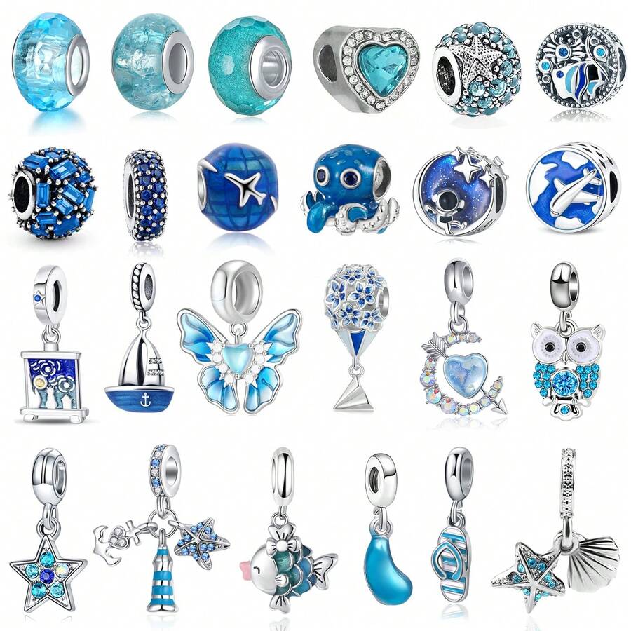 1pc Elegant Blue Series Beaded Heart Pendant, Featuring Underwater World, Outer Space, Floral & Animal, Starfish & Shell Patterns, Suitable For Bracelet Or Necklace Decoration, DIY Jewelry Making, Birthday Or Women's Gift - Blue - View 1