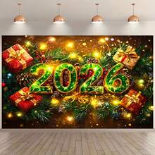 1 Piece Of 2026 New Year Celebration Backdrop - Dazzling Green And Gold Tones, With Red Gifts, Golden Pine Branches And Bright Yellow Lights, Suitable For Christmas, New Year Celebrations, Holiday Gifts, Weddings, Proposals, Birthdays, Anniversaries, Theme Parties, Event Displays, Bedrooms, Living Rooms, Gardens And Outdoor Decorations, Studio Props