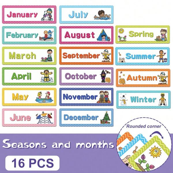 16PC English Week/Month Seasonal Word Card English Early Education Flash Card, Teaching Aids, (Week Card) Seasonal Card) Classroom Decoration, Commonly Used Word Cards, Erasable And Writable, Flash Cards, Puzzle (Some Accessories May Be Random)