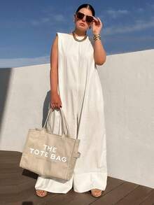 Summer Women's Casual Coveralls Solid Color Round Neck Sleeveless Loose Wide Leg Jumpsuit Streetwear Playsuit - 白色 - 查看 3