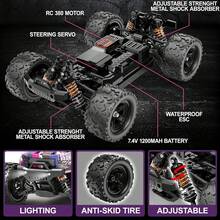 High-Speed Full Scale 4WD RC Car, All-Terrain Monster Truck, RC380 High Speed Motor, With Adjustable Strength Shock Absorber, 2.4GHz Remote Control, With 2 Rechagreable Batteries, Outdoor Sports Drifting/Racing/Climbing, Birthday Christamas Gifts For RC Hobby Beginner - 紫色 - 查看 4