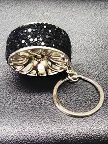 AD 1 pieza Llavero de coche con decoración de rhinestones, llavero con forma de rueda de coche de aleación de zinc