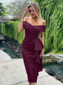CurvySweet Elegant Vintage Ruffle Cold-Shoulder High Stretch Strapless Midi Dress In Burgundy, Built-In Bra, Semi-Formal Cocktail Gown, Wedding Guest Dress, Valentines Day Dress