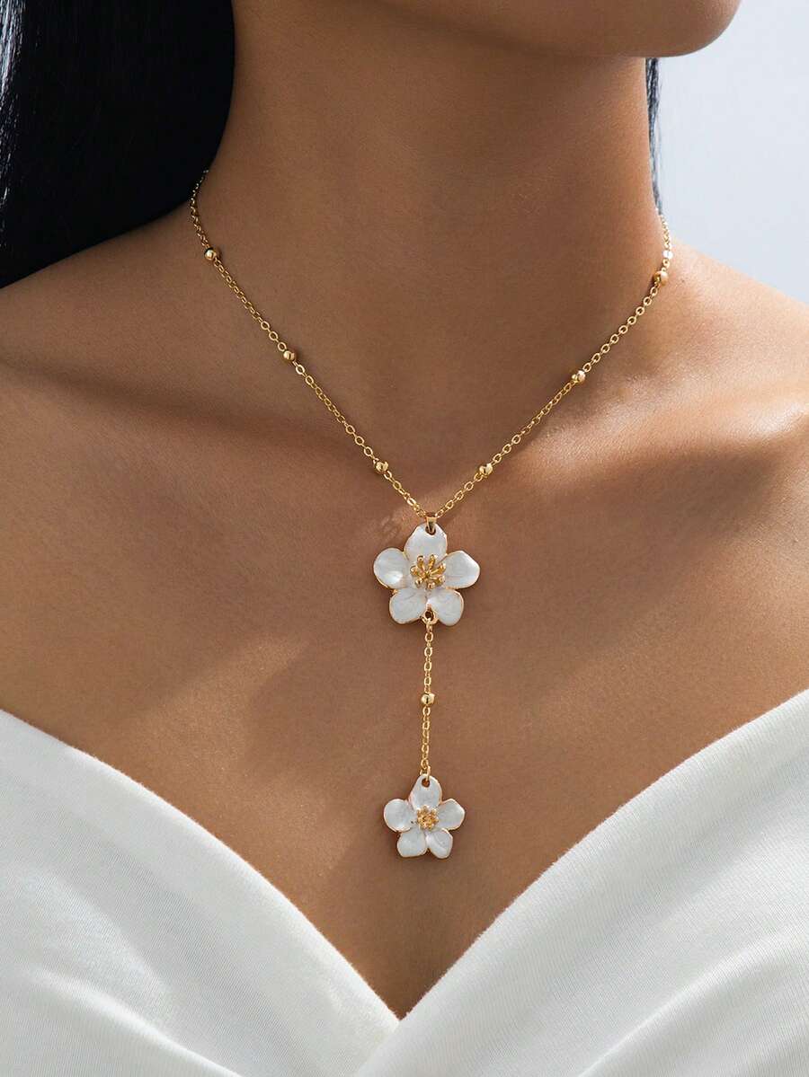 1 chiếc vòng cổ mặt dây chuyền hình hoa 5 cánh màu trắng thanh lịch thủ công dành cho nữ (Không có hộp quà tặng. Do cắt thủ công, số lượng hạt trên dây chuyền có thể thay đổi, nhưng chiều dài cuối cùng vẫn giữ nguyên) - trắng - Xem 1