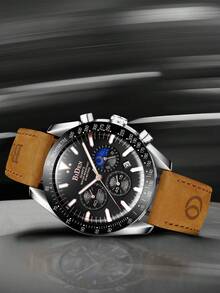 BIDEN 男士腕表，休闲运动计时表，带夜光、日期显示，男士商务石英表。防水，真皮表带 - 均碼 - 查看 10