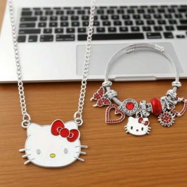 Sanrio 2 Pieces Jewelry Set - Sanrio Hello Kitty Cute Cartoon Rhinestone Necklace And Bracelet, Suitable For Daily Wear Or Gift Giving, Elegant Bohemian Style Hello Kitty Inspired Alloy Pendant Necklace, Suitable For Daily And Party Wear